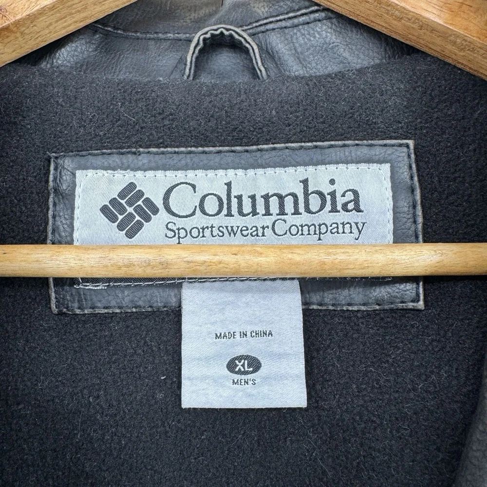 Columbia‎ Faux Leather Full Zip Heavy Bomber Jacket Men's XL Black Fleece Lined